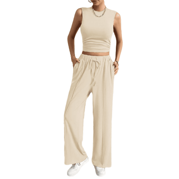 LYMAYTER Women Casual Outfit Set Solid Color Top Tank Pants Comfy Lounge Wear Everyday Versatile Set S-XL