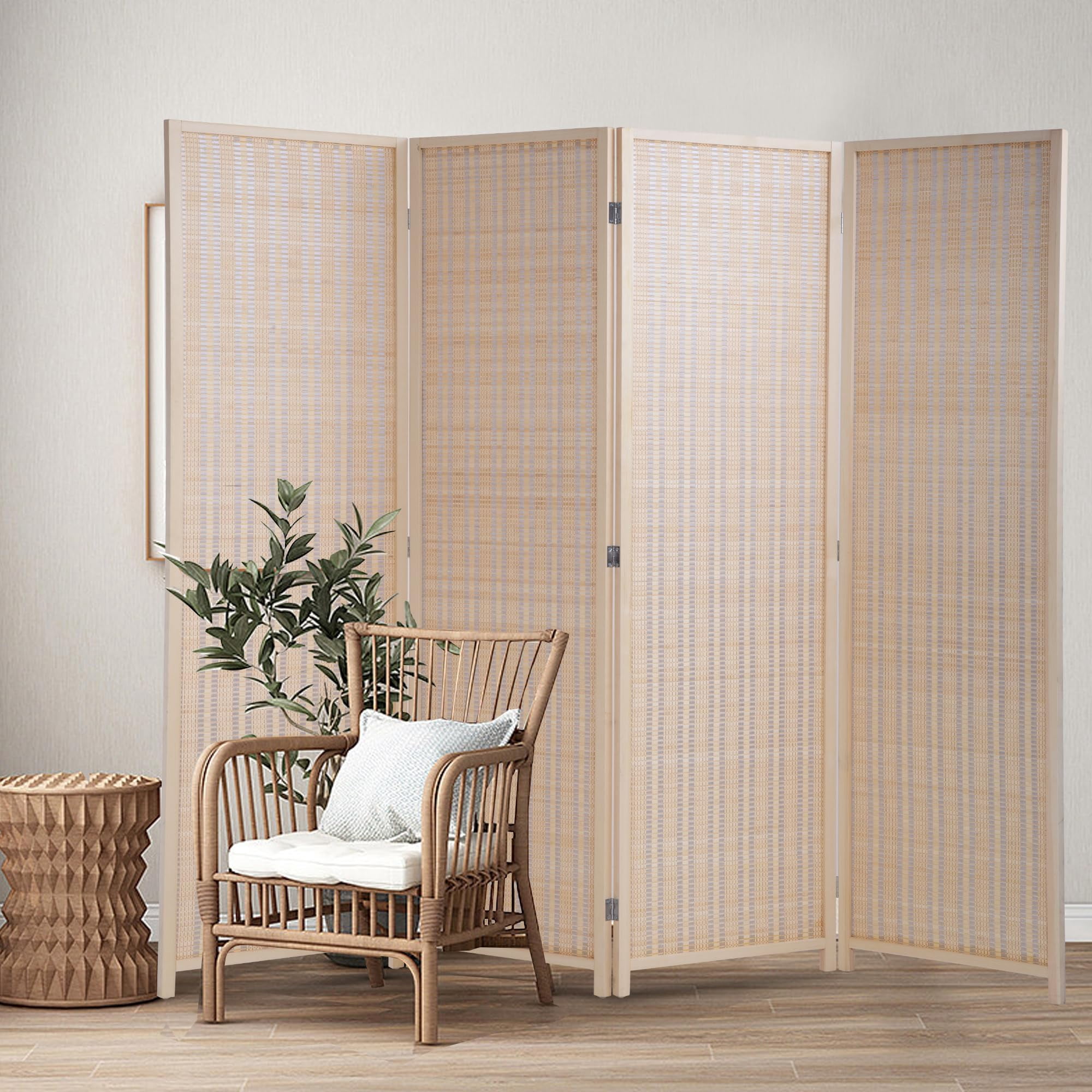 YRLLENSDAN Tall Room Dividers and Folding Privacy Screens, Wall Divider for Room Separation, Bamboo Wood Room Partition with 4 Panels Freestanding Indoor, Beige