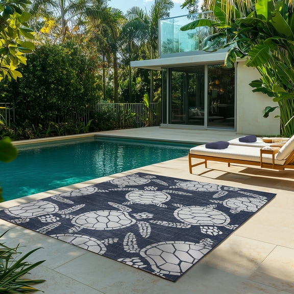 Gertmenian Paseo Tortue Sea Turtle Coastal Navy/White Indoor/Outdoor Area Rug, 8x10
