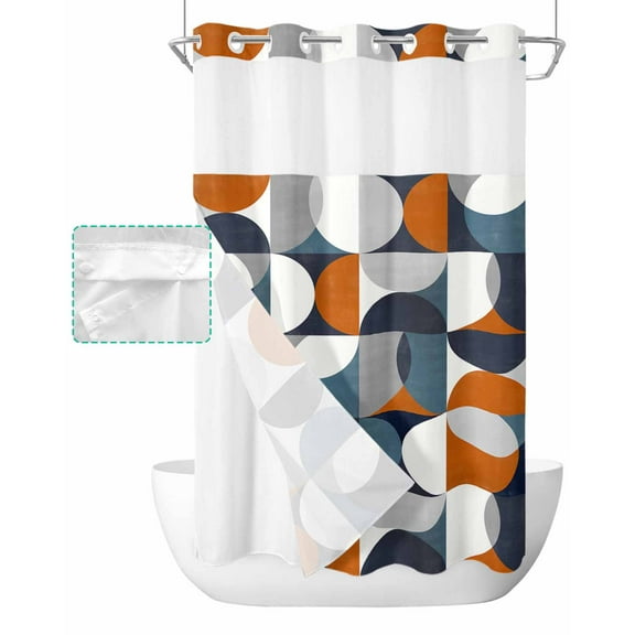 No Hook Shower Curtain with Snap in Liner, Vintage Mid-Century Modern Abstract Geometric Orange White Shower Curtains for Bathroom, Washable Shower Curtain Liner Set with Mesh Top Window, 36"x72"