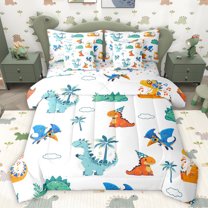 Homewish Cute Dino 7pcs Bedding Comforter Set,Cartoon Dinosaur Queen Bedding Sets,White Blue Orange Queen Sheet Sets For Boys Teens,Breathable Home Decor Reversible