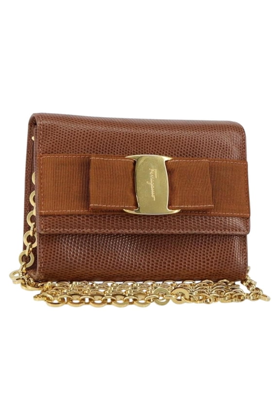 Pre-Owned Salvatore Ferragamo Vala Shoulder Bag Embossed Leather Brown Leather Shoulder Bag Bag