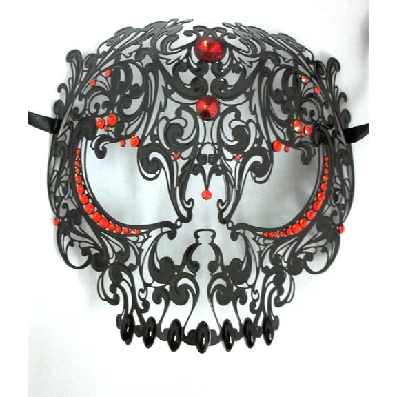 Black Skull Metal Laser Cut Masquerade Prom Mask Red Crystals