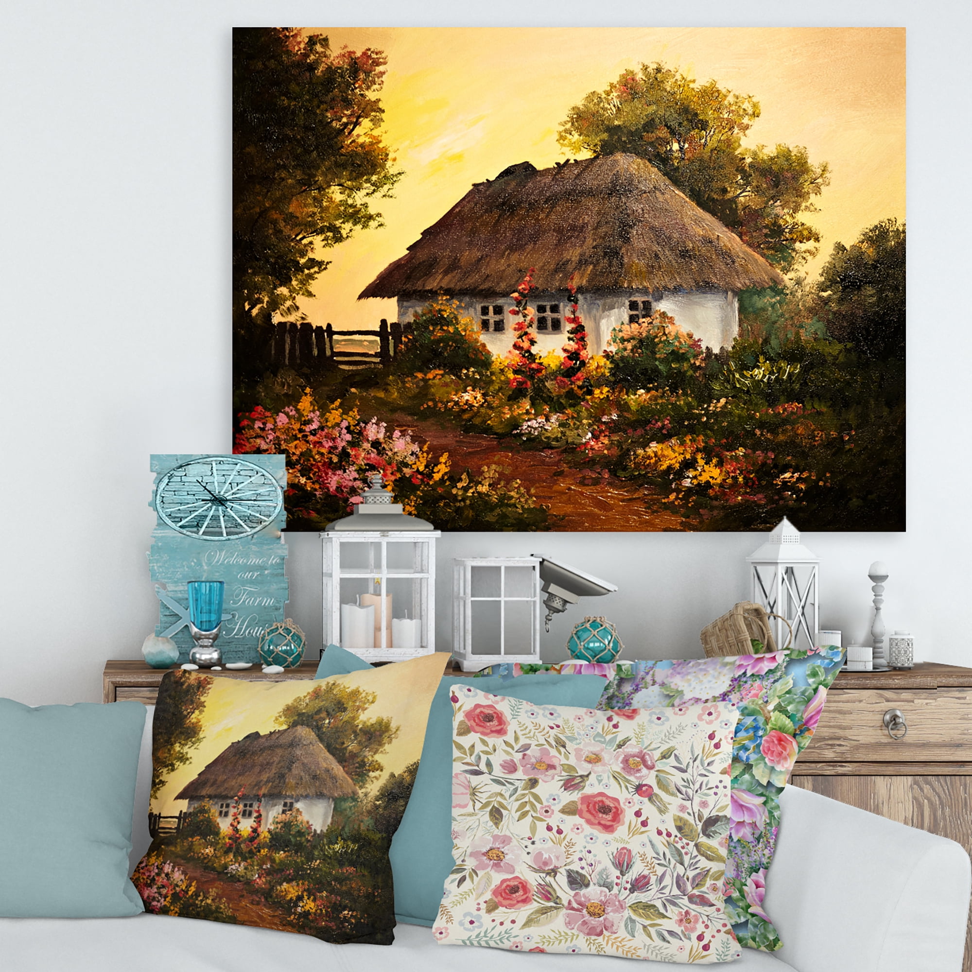 Designart ' Traditional Cottage At Sunset In Autumn Flowers ' Traditional Canvas Wall Art Print