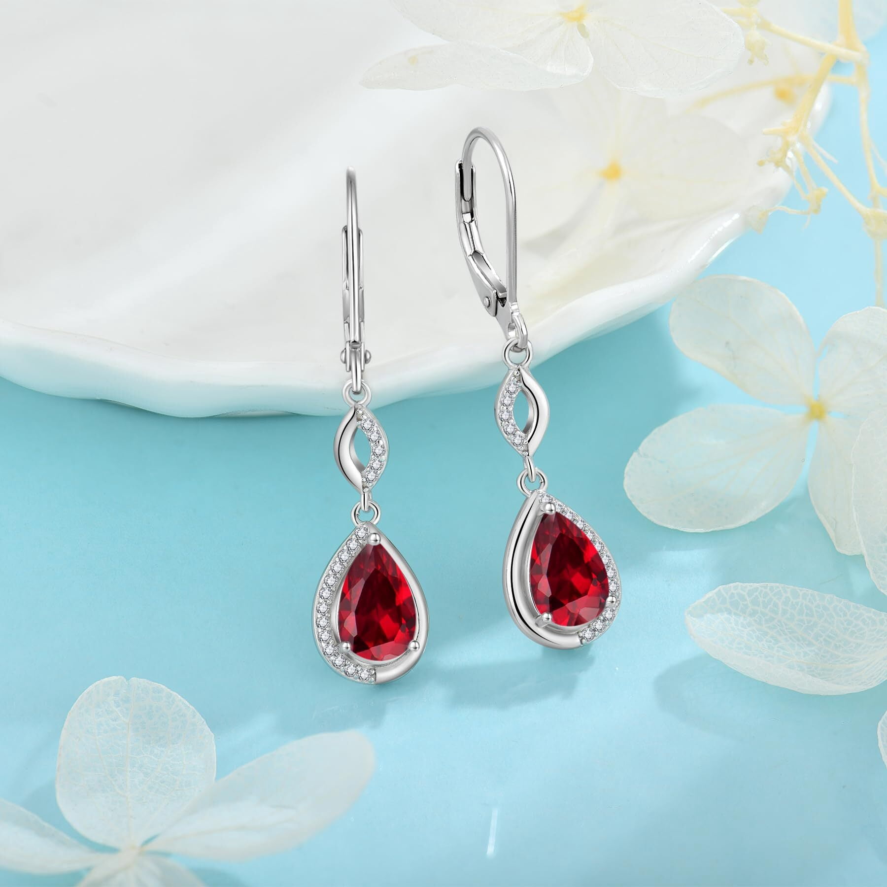 Inpasne Teardrop Dangle Drop Earrings for Women 925 Sterling Silver Leverback Ruby Earrings July Birthstone Jewelry Gifts for Mom Her Wife Girlfriend