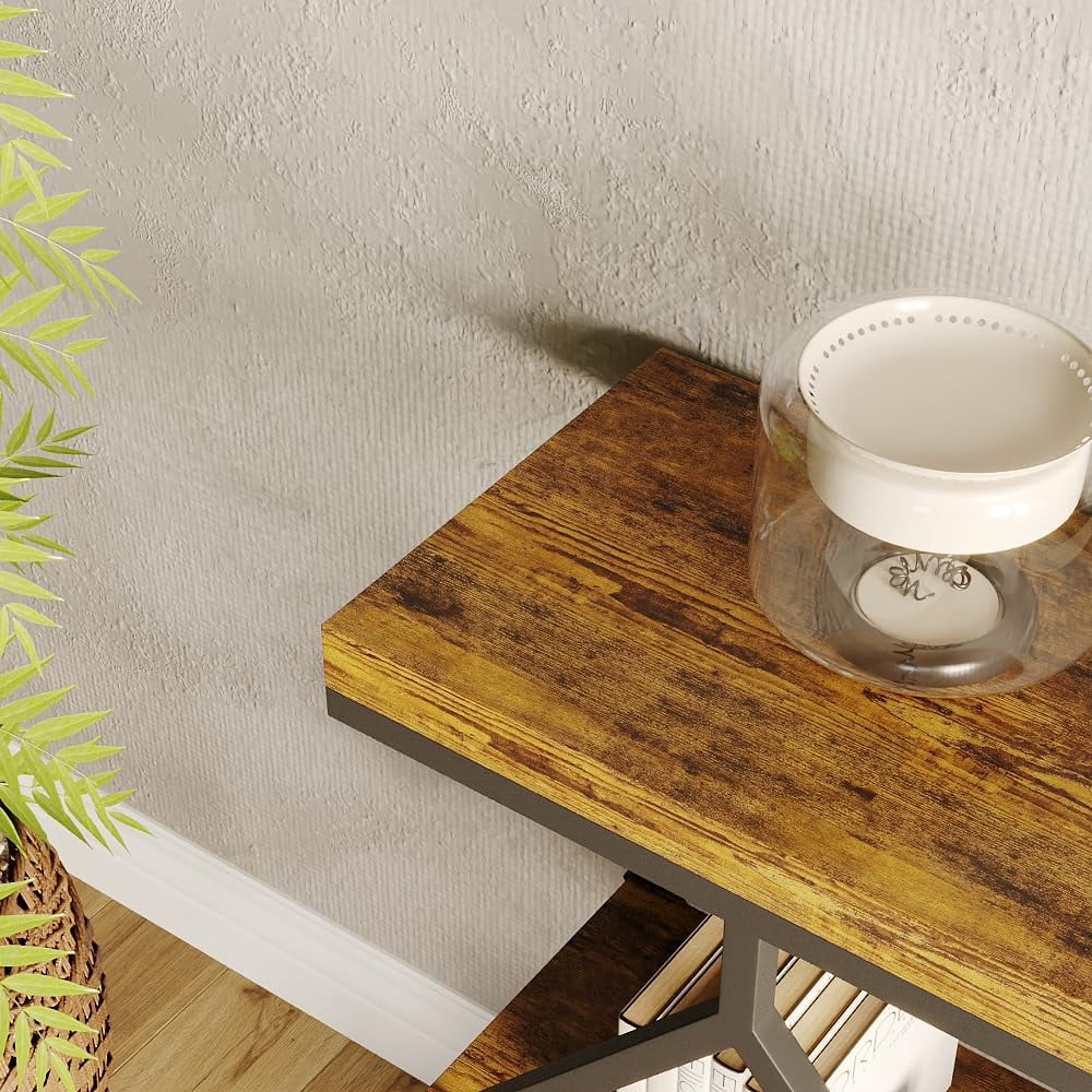 Litake 3-Tier Entryway Table, Industrial Console Sofa Table with Storage, Accent Table with Open Shelves, Diamond-Shaped Metal Frame, Foyer Table for Entryway, Hallway, Brown