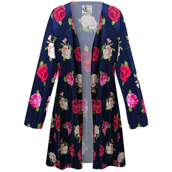Women's Plus size 4x Extra Tall Maxi Cardigan Straight Rose Bloom Sea Designer Print Slinky Casual Long Flowy Drape Mid-Weight Duster Sweater Made in USA