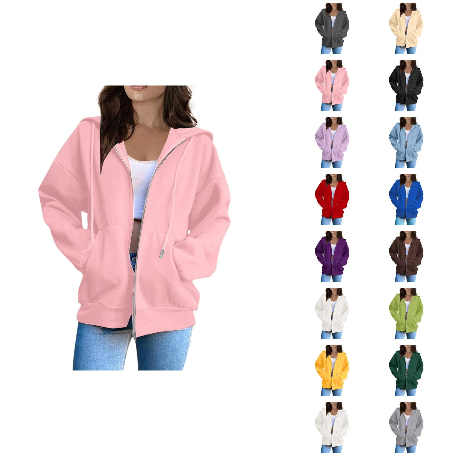 Black Hoodie Womens Sweatshirt Oversized Hoodie Women Cropped Zip Up Hoodie Daily Women Fashion Solid Loose Hooded Zipper Hoodie Long Sleeve Jacket