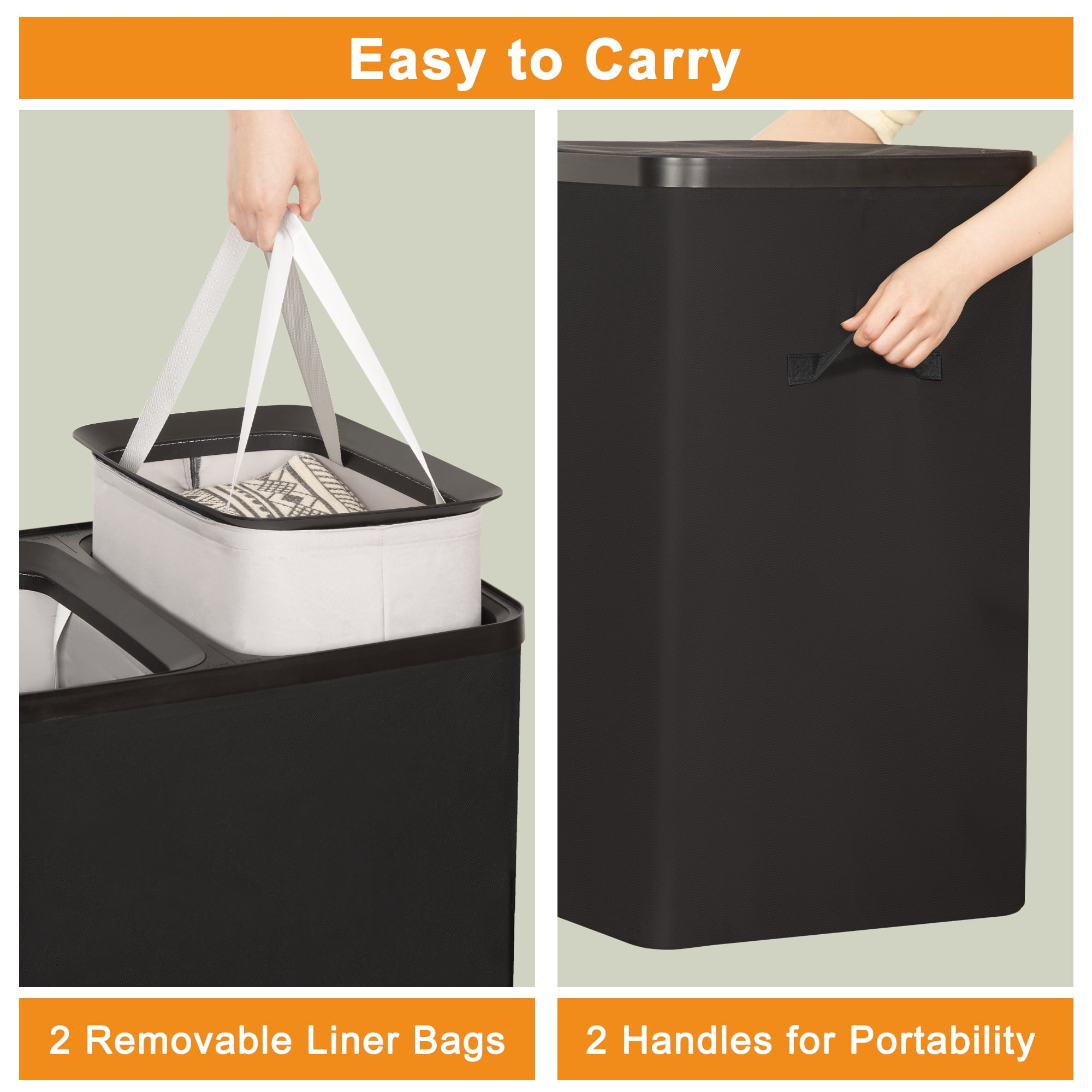 BGTREND 150L Double Laundry Hamper with Lid, 2 Removable Washing Bags with Handles, Large Clothes Sorter for Easy Separation (Black)