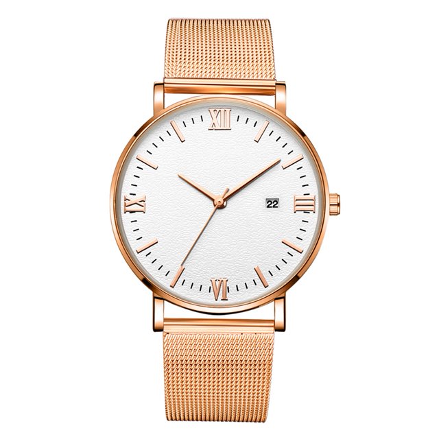 Reloj de pulsera mecánico de cuarzo (correa de oro rosa, caja de oro rosa, manecillas de oro rosa, esfera blanca)