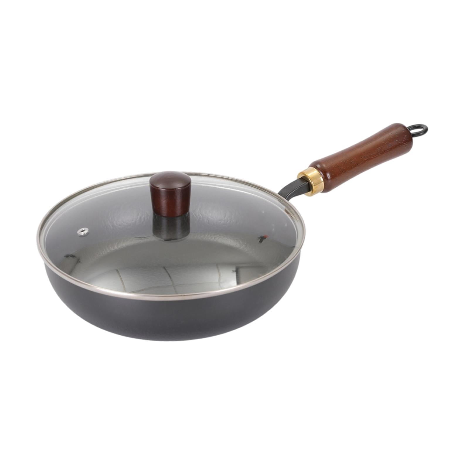 TISHITA Iron Wok Non Sticky Cookware Comfortable Grip Easy to Clean for All Stoves Cooking Tool Wooden Handle Flat Bottom Chinese Wok Diameter 24cm
