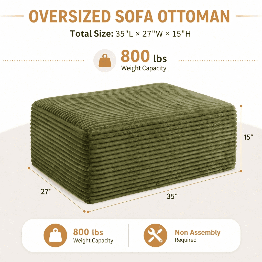 Large Oversized Corduroy Ottoman Footrest for Sofa Large Rectangle Floor Bench Extra Seating Coffee Table for Living Room, No Assembly (Sage Green)