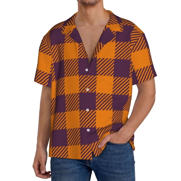 Fotbe Fall Buffalo Plaid Camisa Estampada de Manga Corta para Hombre, Casual de Verano, Estilo Playero, Sin Arrugas-XX-Large