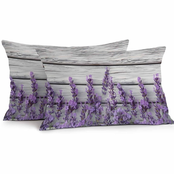 Spring Lavender Waterproof Outdoor Throw Pillow Covers 12''x20'' Pack 2, Pillow Cases Throw Cushion Cover with Zipper, Botanical Purple Floral Vintage Wood Grain Washable Pillowcase for Poolside Sofa