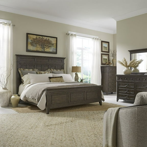 Liberty Furniture Paradise Valley Queen Panel Bed, Dresser & Mirror, Chest - Saddle Brown