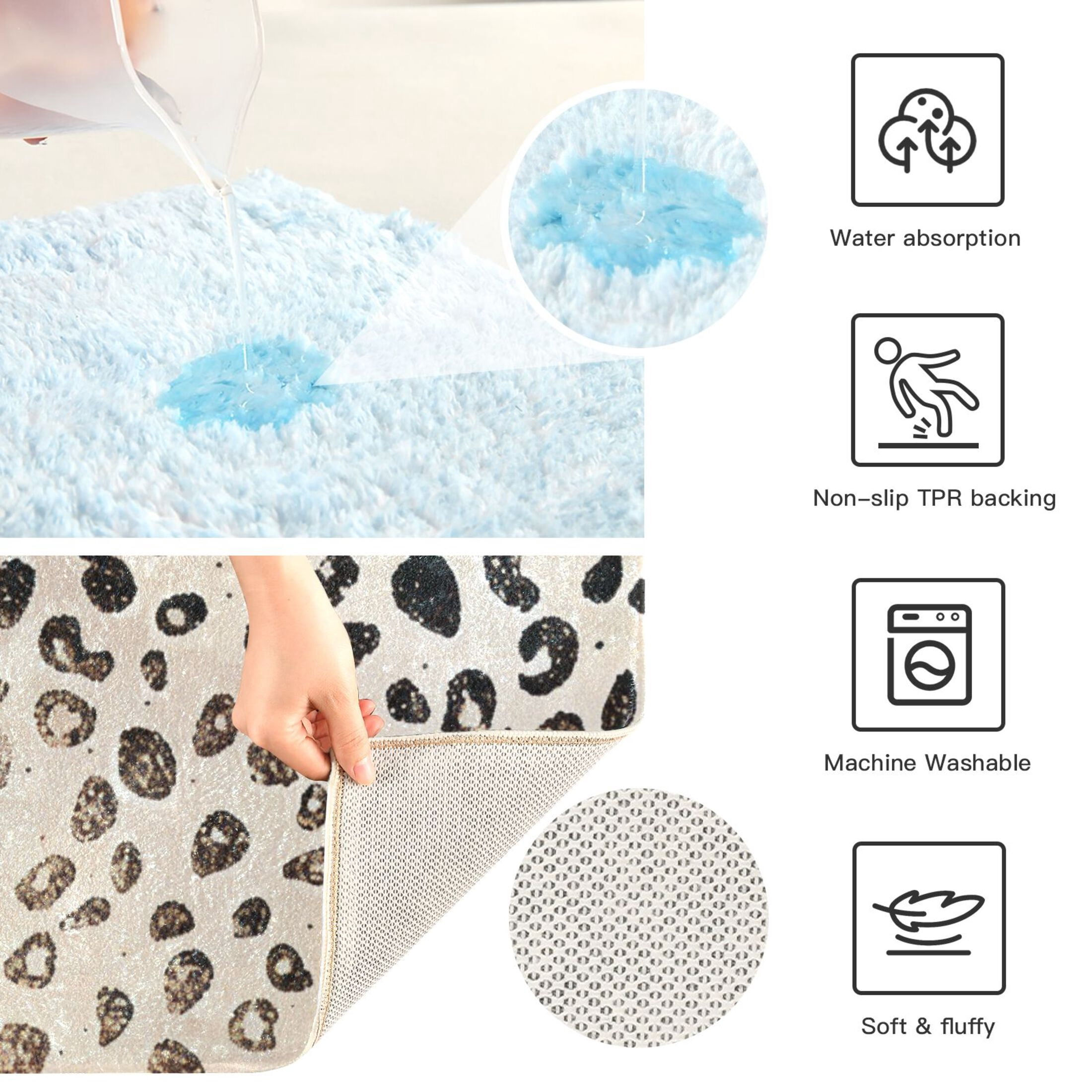 Ryvnso Plain Cheetah Glitter Print Bathroom Shaggy Rugs Toilet Mat Soft Contour Rug
