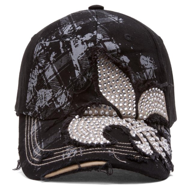 Top Headwear con cuentas Fleur-de-lis angustiada tapa de béisbol ajustable - Negro CHL Sombrero de cadete