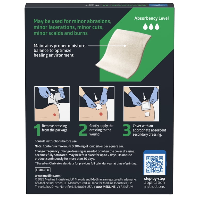 Medline Maxorb II Silver Calcium Alginate Dressing, 2