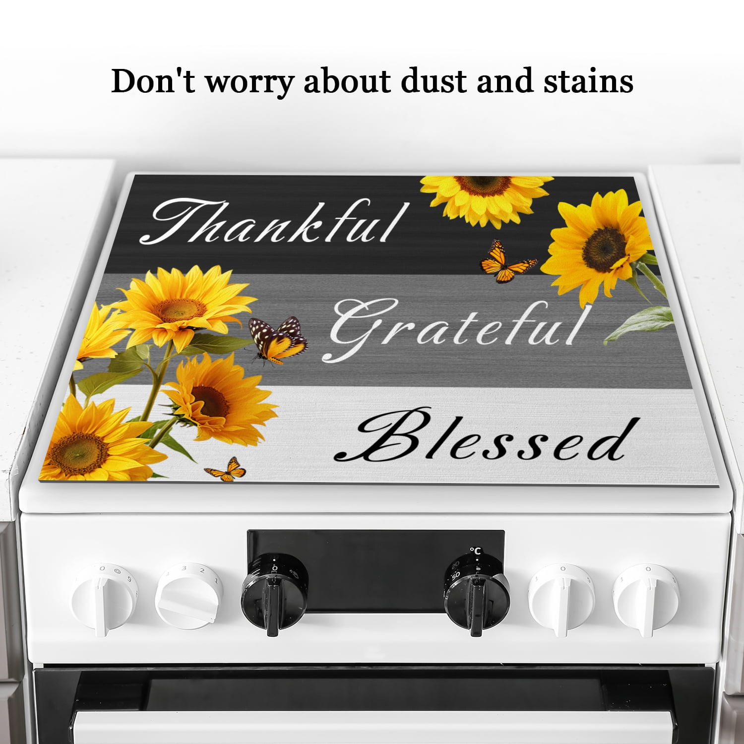 Square Cooktop Covers for Electric Glass Stove, Sunflowers Butterflies Grateful Print Non-slip Glass Top Stove Cover Protector, Foldable Durable Mat for Kitchen RV (28×20 Inch)