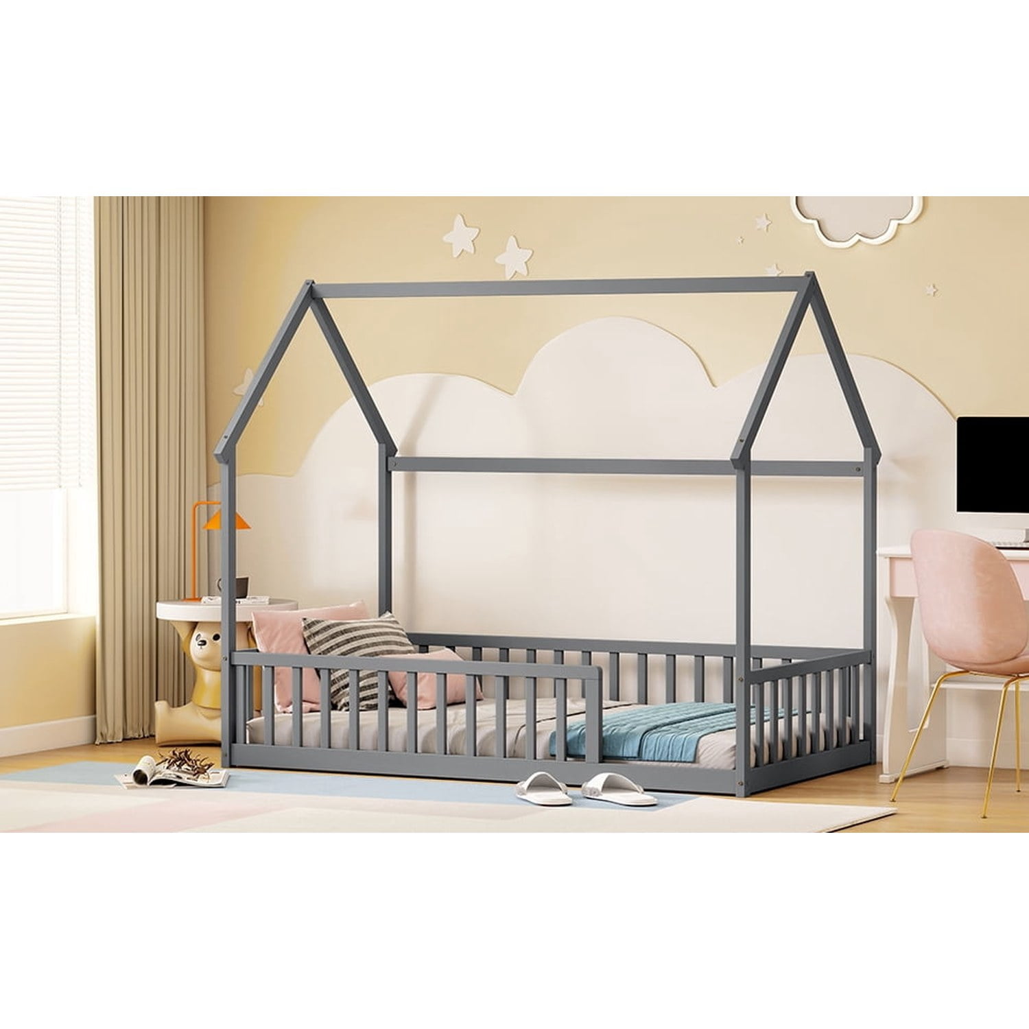 Twin House Floor Bed with Full Safety Fence, Solid Pine Wood Montessori Kids Playhouse Bed Frame No Box Spring Needed Max 250 LBS for Toddler Bedroom Nursery