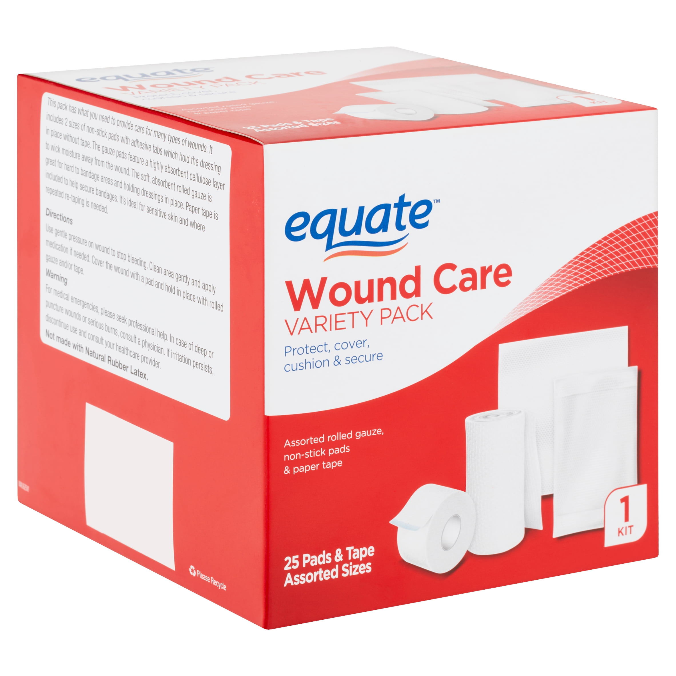 Equate Wound Care Kit Variety Pack, 25 Pads & Tape, Assorted Sizes