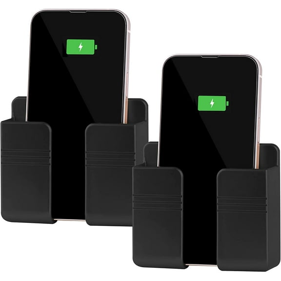 2Pcs Phone Holder Wall Mounted, Phone Stand with Data Cable Receiving Hole/Self Adhesive.Phone Holder for Shower/Charging Compatible with iPhone and Android (2Pcs-Black)