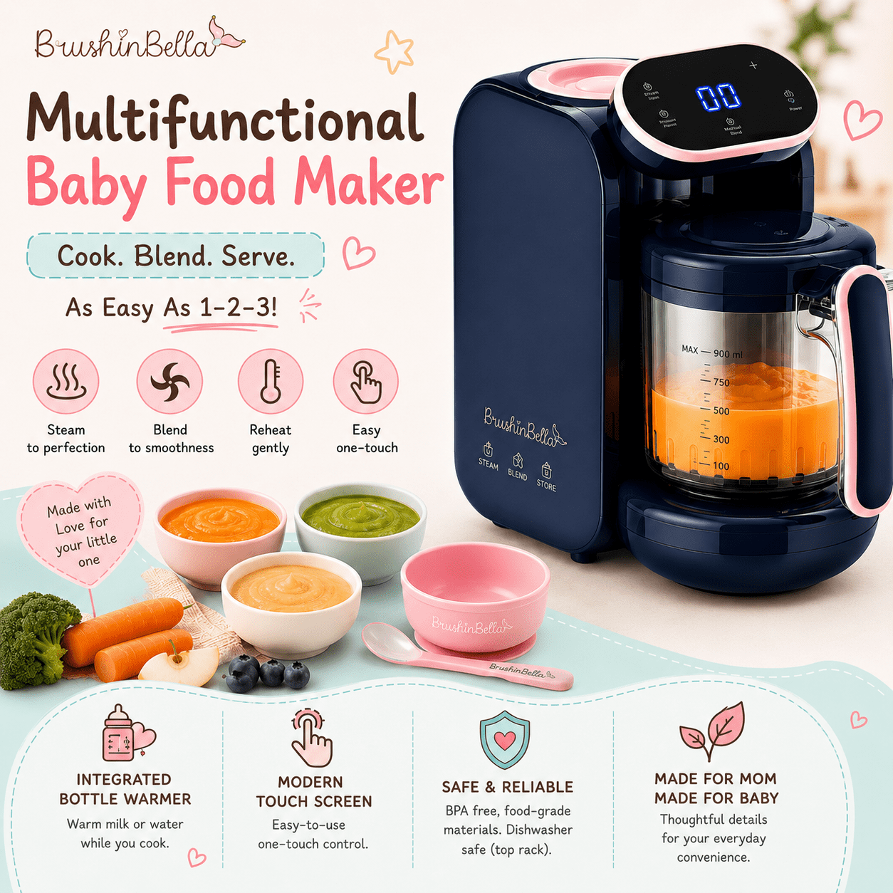 BrushinBella Baby Food Maker - Baby Food Processor with Soup Tray - 5-in-1 Baby Food Blender, Grinder Steamer, Baby Puree Maker Machine, Bottle Warmer - Touch Screen, Auto and Manual Blend
