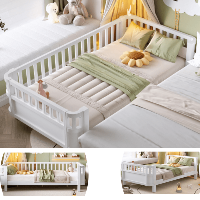 Bellemave Twin Size Bed Frame, Twin Montessori Bed with Safety Guardrails and Detachable Fence, Wood Platform Bed Twin Daybed Frame, Low Profile & Rounded Corners Design, White