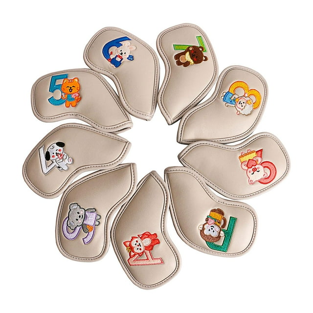 Almencla 9 Pieces PU Leather Golf Iron Headcover Golf Club Head Cover Protector Equipment Beige