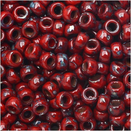 Red Coral Rondelle Beads - Czech Glass Matubo, 7/0 Seed Beads, 7.5 Gram Tube, Opaque Coral Red Picasso