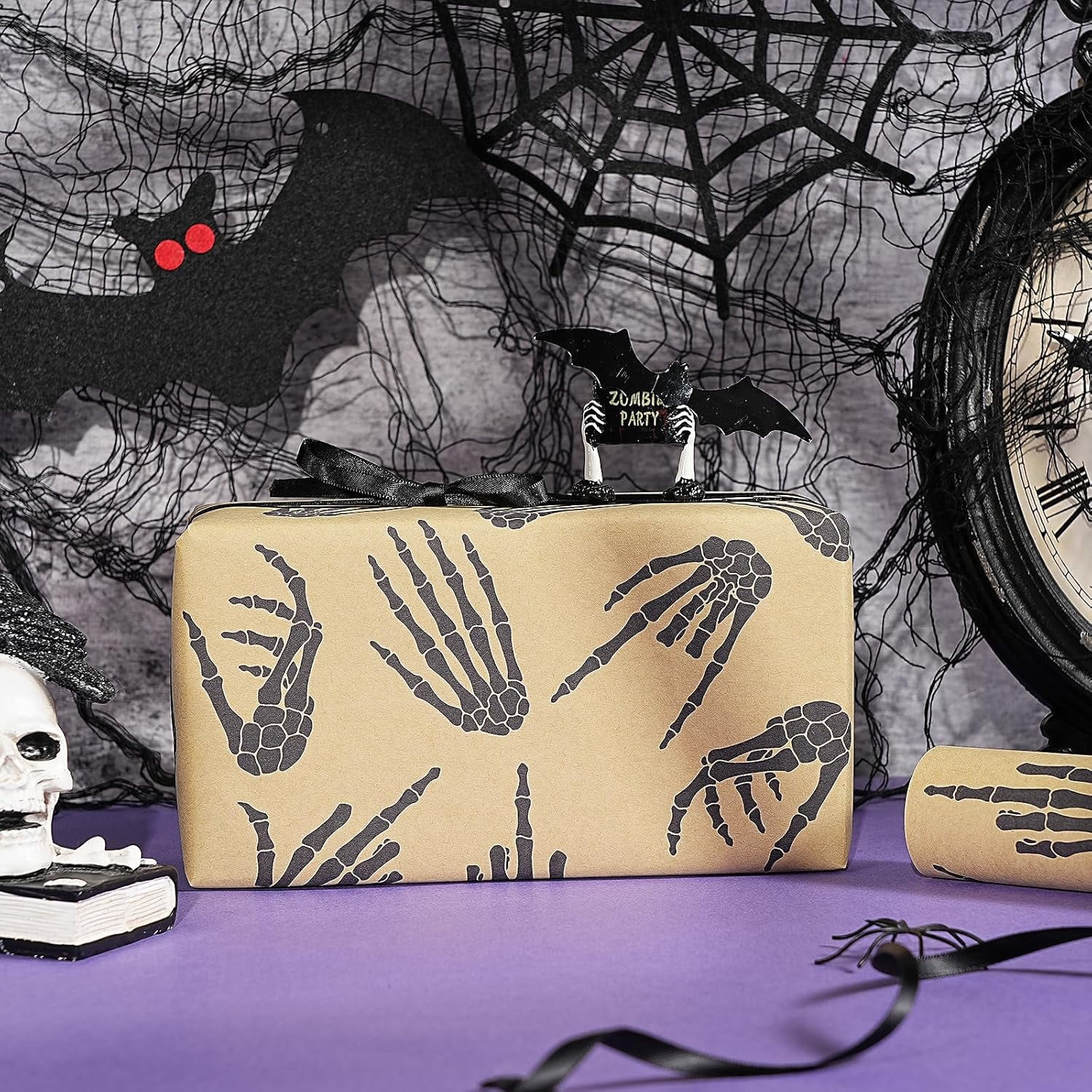 Halloween Skeleton Hand Wrapping Paper Roll, Mini Roll, Black Bone Hand Design, Gothic Kraft Gift Wrap Paper for Spooky Gifts, Halloween Party Favors, Trick or Treat, 17 Inches x 16.4 Feet