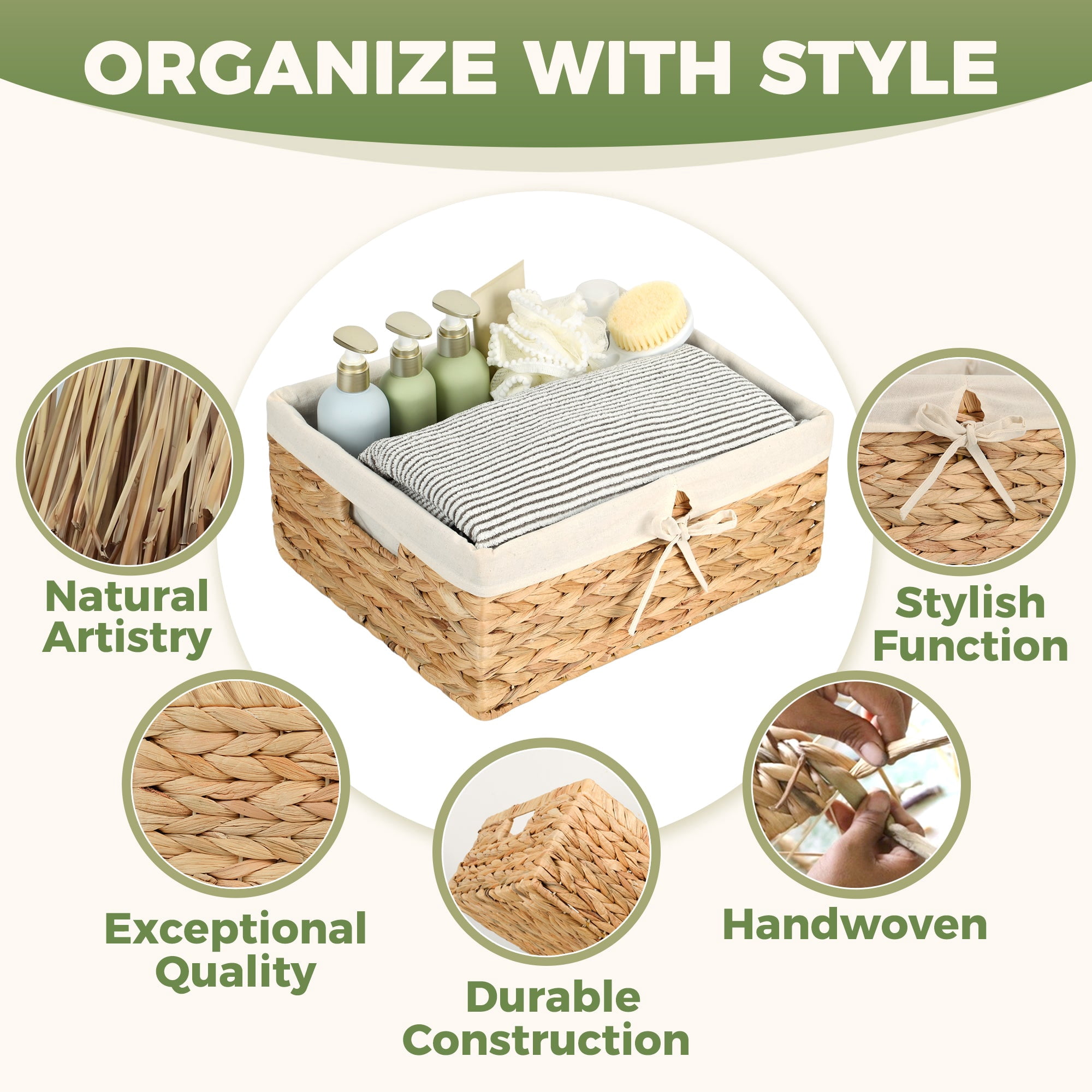 Storage Standard Large Rectangular Water Hyacinth Storage Basket with Cotton Liner, 15" x 12" x 6" Built-In Handles, Natural Woven Shelf Organizer for Pantry, Closet, Living Room