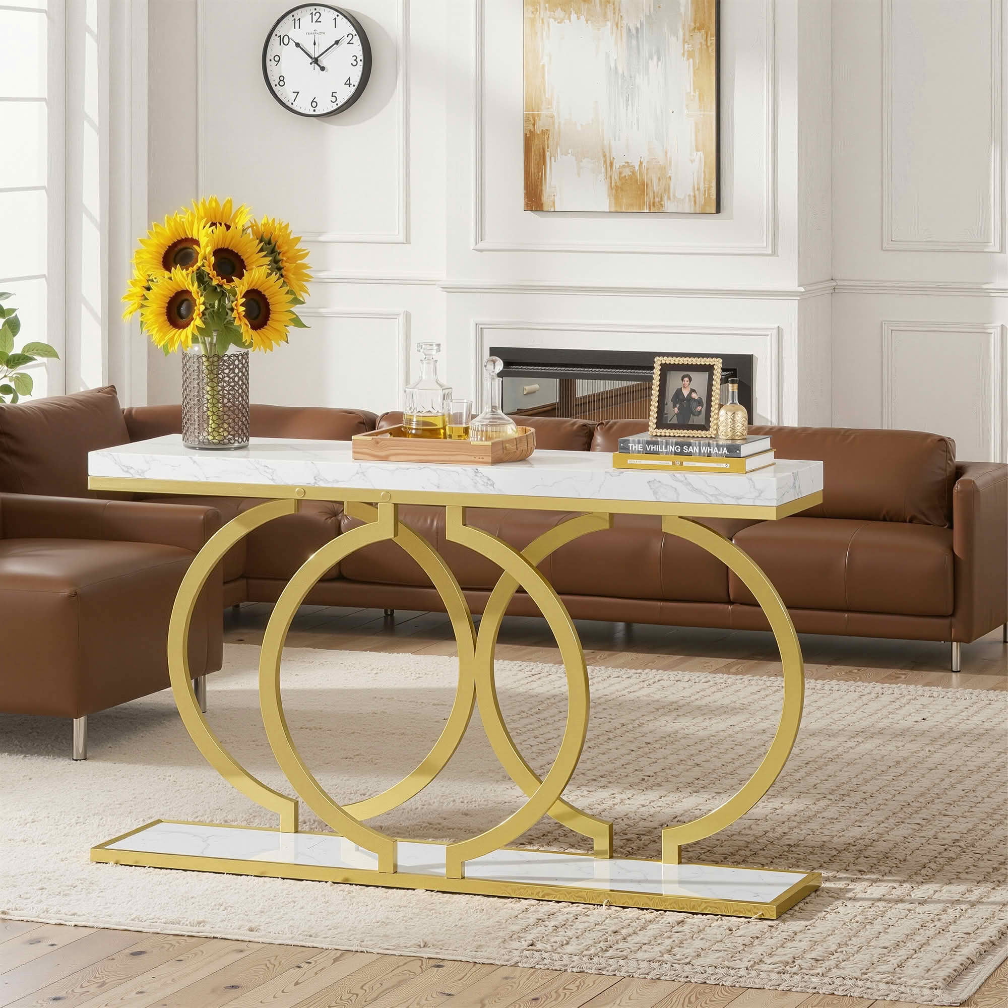 MAYEERTY 55 Inch Light Luxury Faux Marble Console Table, Gold O Geometric Metal Frame Narrow Entry Sofa Display Accent Table