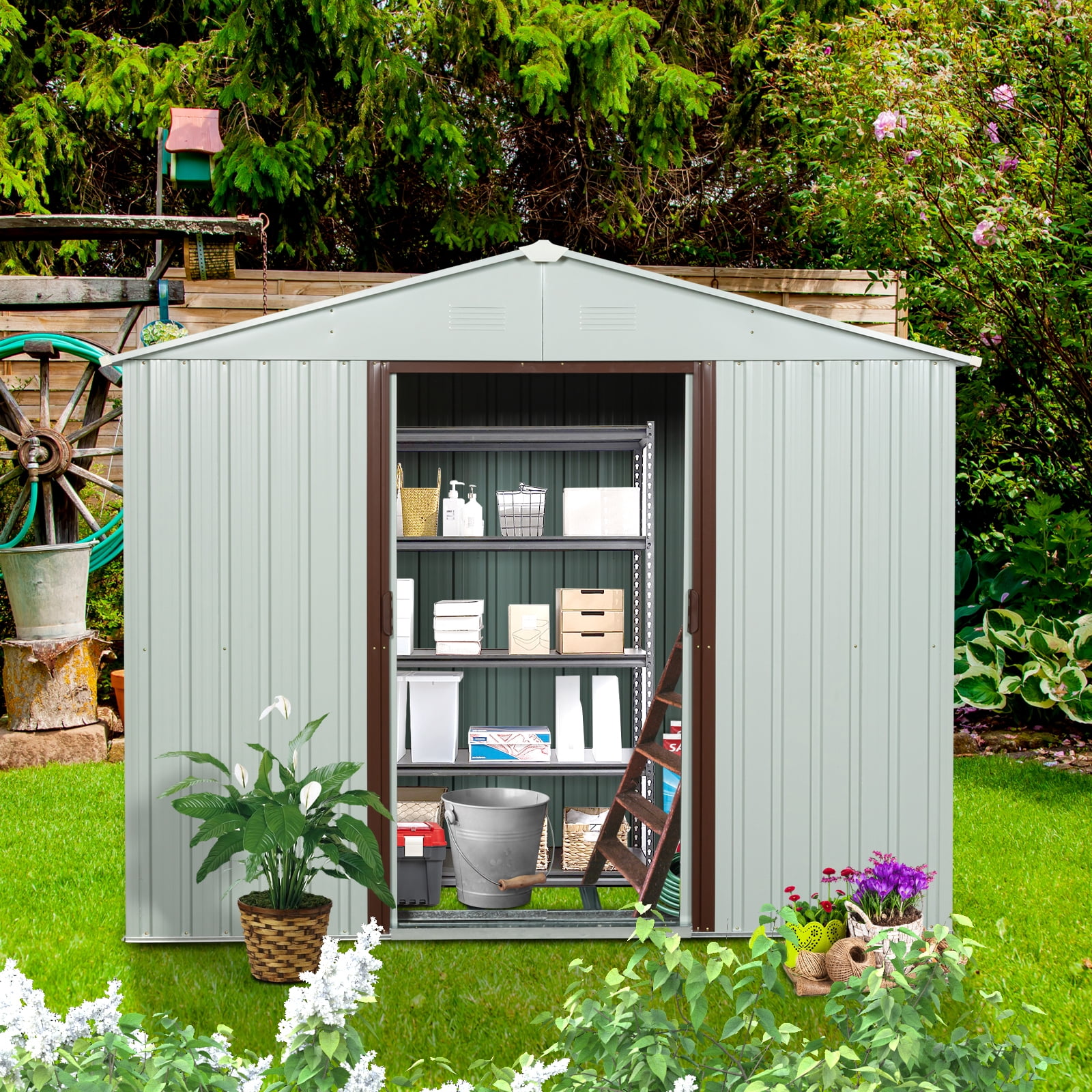 CarButler 6x5ft Metal Outdoor Storage Shed with Lockable Sliding Doors for Garden Backyard Patio Lawn White