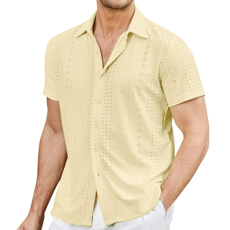 adviicd Mens Button Down Short Sleeve Shirt Short Sleeve Fishing Shirt  Wicking Fabric Sun Protection Casual Button Down Shirts Yellow M