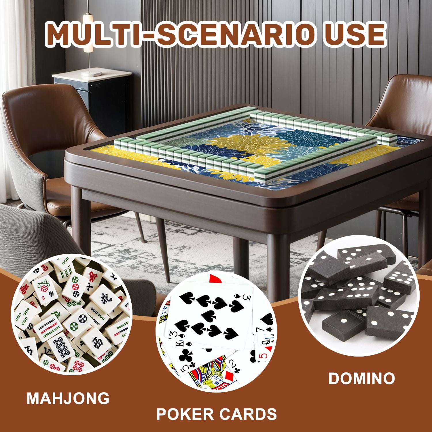 Mahjong Mat 31.5" x 31.5" Spring floral seamless Blue yellow navy Chrysanthemum Non-Slip Noise Reduction American Mahjong Tiles Table Cover for Dominoes Poker Card Board Games Gift