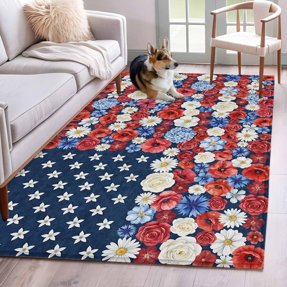 American Flag Floral Area Rugs 4'x6', Washable Small Throw Rugs for Office Bathroom, Red Blue Poppy 4th Oh July Indoor Outdoor Rug Non-Slip Low Pile Carpet Runner Reversible Floor Mats