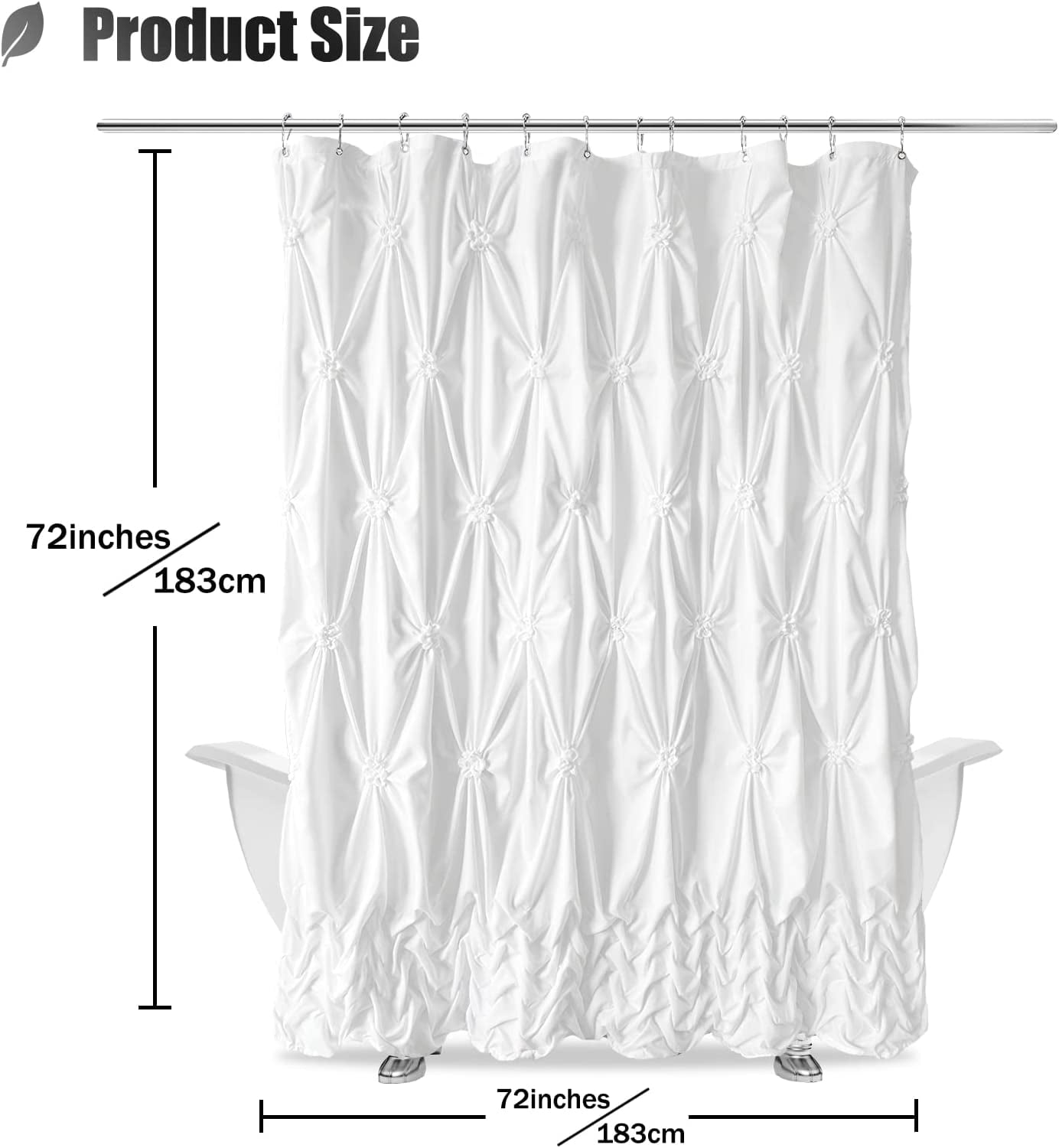 NixiYa White Shower Curtain Fabric Shower Curtain Pleat Boho Shower Curtain 72'' x 72"