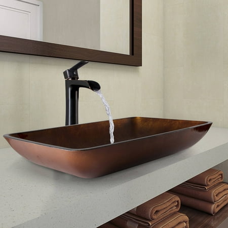 Vigo Rectangular Russet Glass Vessel Bathroom Sink And Niko Faucet Set In Antique Rubbed Bronze Finish