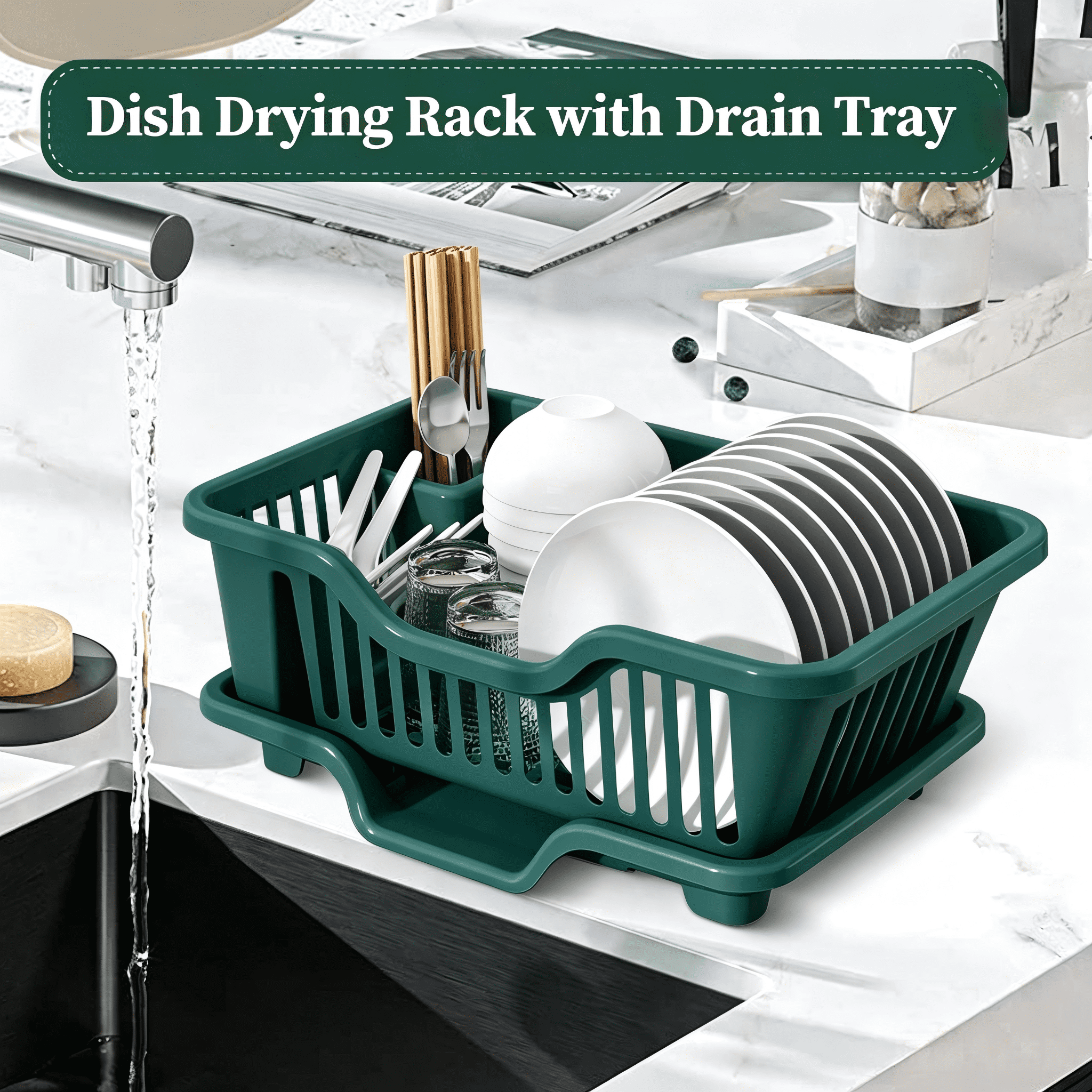 Dish Drying Rack Dish Strainers Cutlery Holder Utensils Holder Dish Rack and Drainaboard Set for Kitchen Countertop Dining Room Restaurant Dark Green