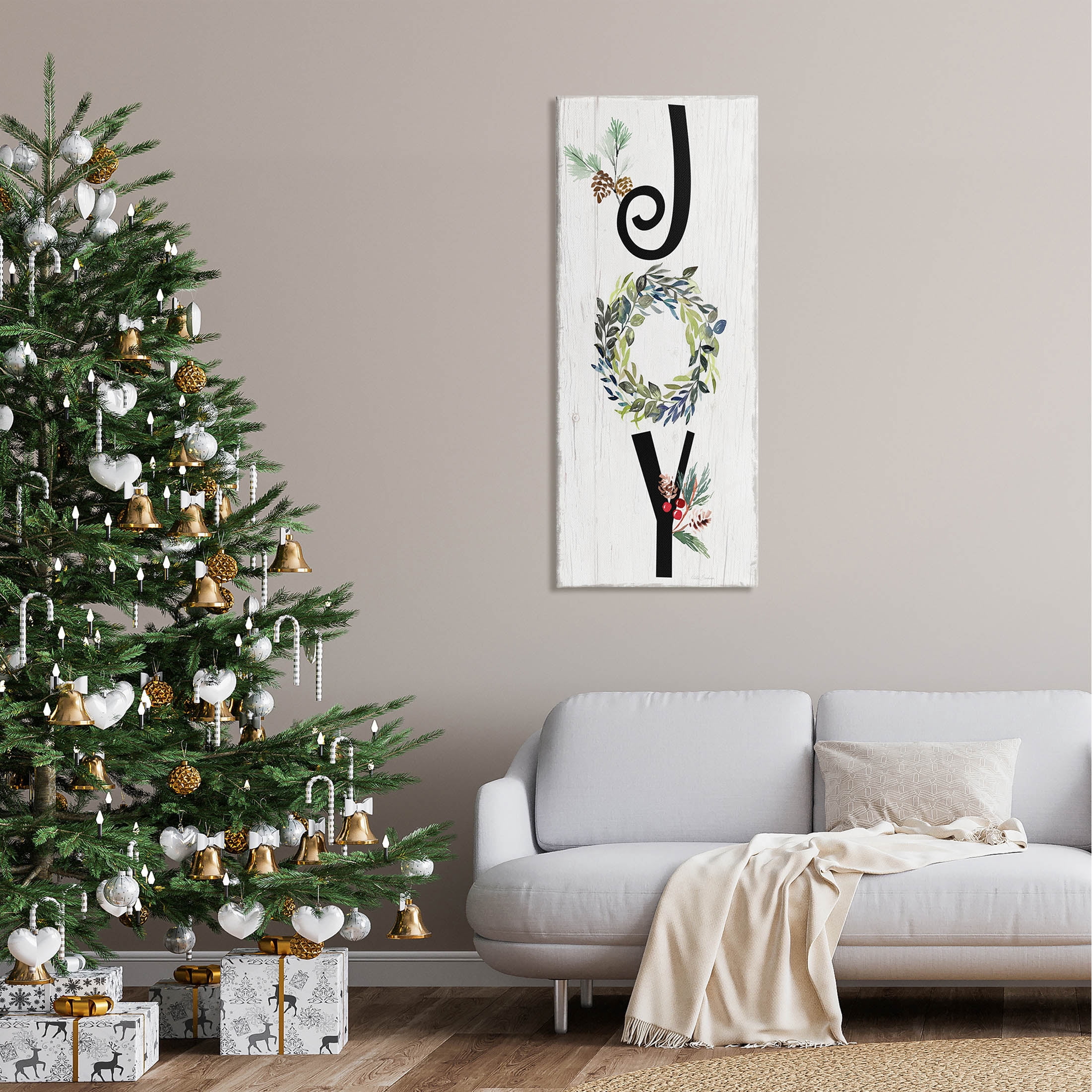Stupell Industries Joy Seasonal Botanical Wreath Graphic Art Gallery Wrapped Canvas Print Wall Art, Design by Kristen Brockmon