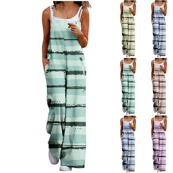 Fashion Jumpsuits for Women Tummy Control Summer Plus Size Casual Loose Printed Pockets Sleeveless Back Strap Jumpsuit