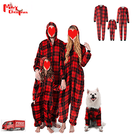 

Christmas Family Pajamas Matching Sets Plaid Printed One Piece Pajamas Hooded Zippered Pajamas For Adult Kids