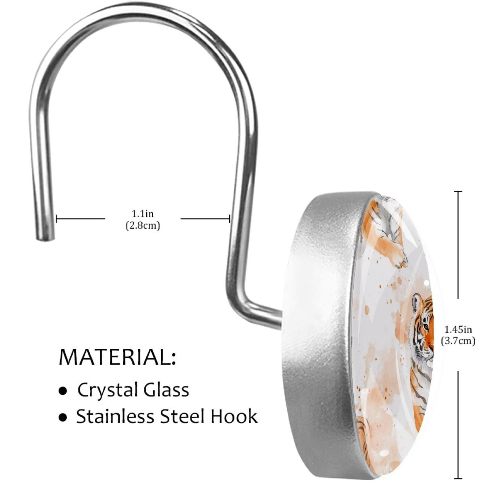 Watercolor Tigers Animal Shower Curtain Hooks Round Crystal Glass, Set of 12 Shower Curtain Rings - Shower Hooks for Curtain Shower Rings
