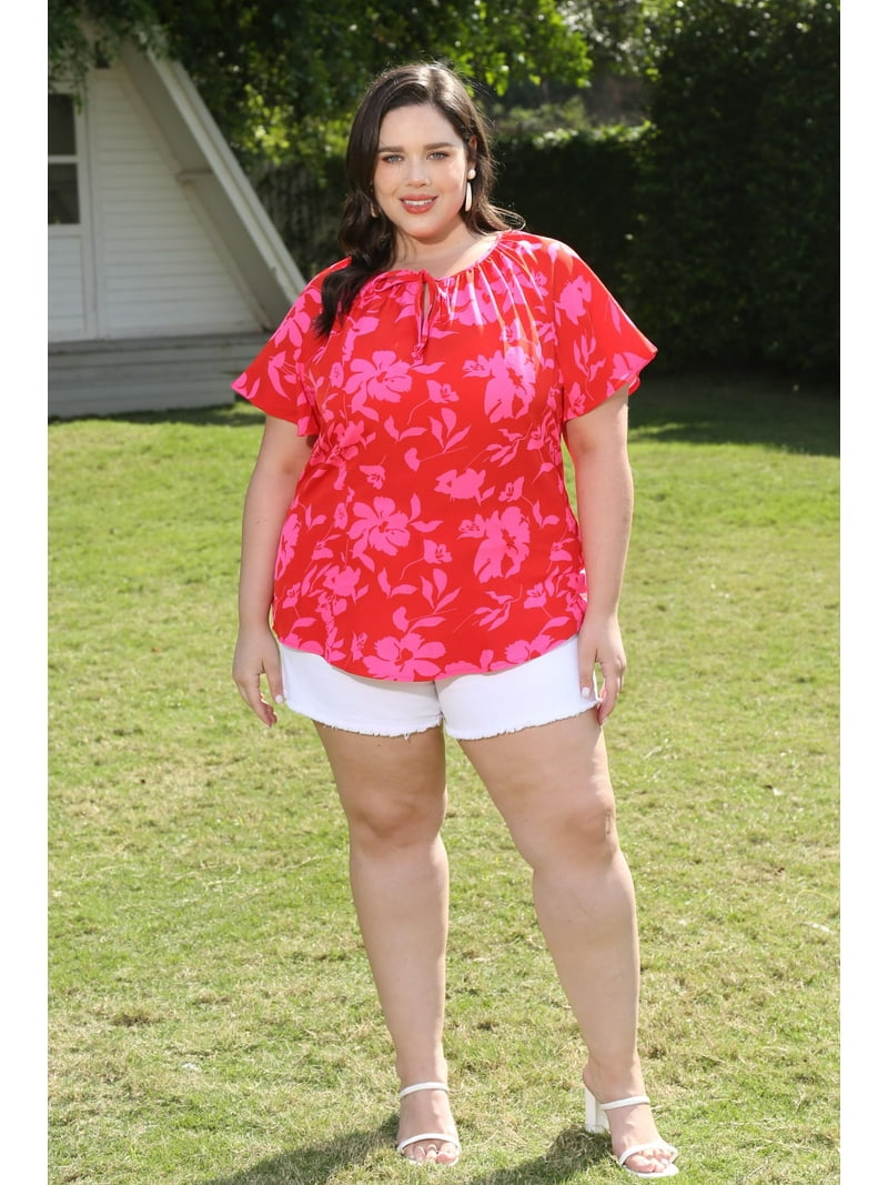 TIYOMI Plus Size Women's Hot Pink Floral Printed Blouses 2X V Neck