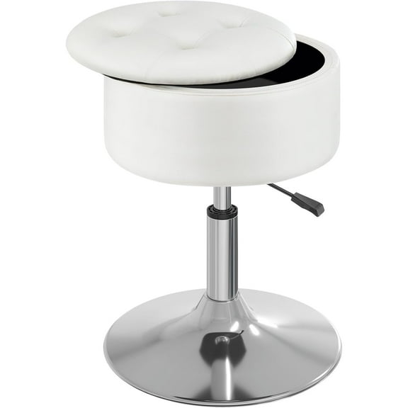 Vanity Stool with Storage, 19" to 23" Height Adjustable PU Leather Vanity Chair, 360° Swivel Makeup Stool with Removeable Tray, Modern Ottoman for Bedroom Bathroom, White