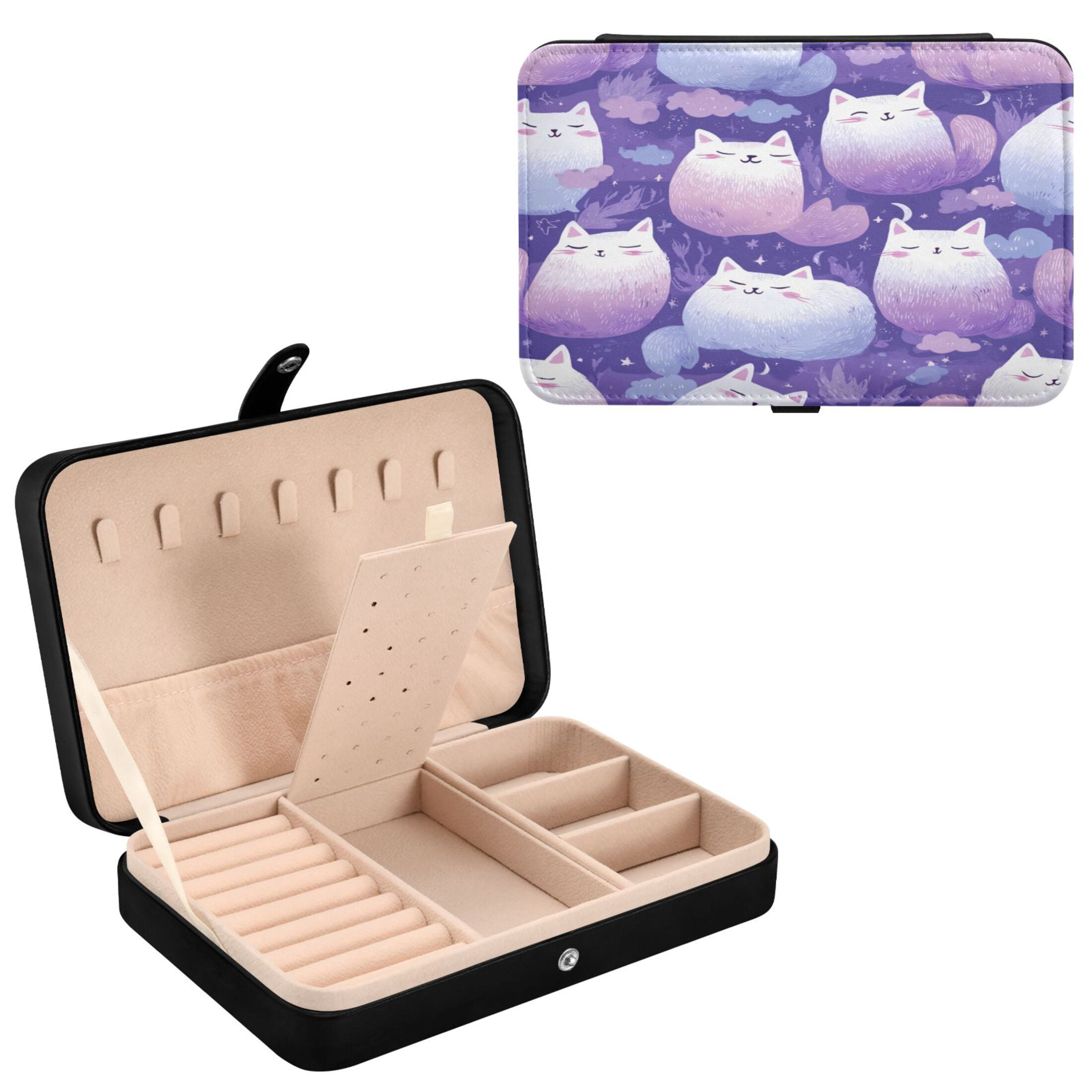 Leather Jewelry Box Rectangular 8.27x5.5x1.78In Travel Jewelry Storage Earrings Necklace Bracelet Watch Brooch Storage Purple Cat