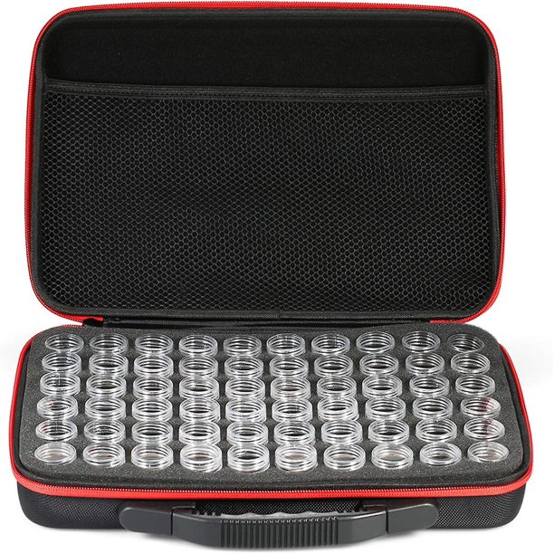 Caja de almacenamiento de 60 compartimentos, almacenamiento de botellas pequeñas, caja de almacenamiento de diamantes de imitación, caja de almacenamiento de botellas, doble cremallera, rojo