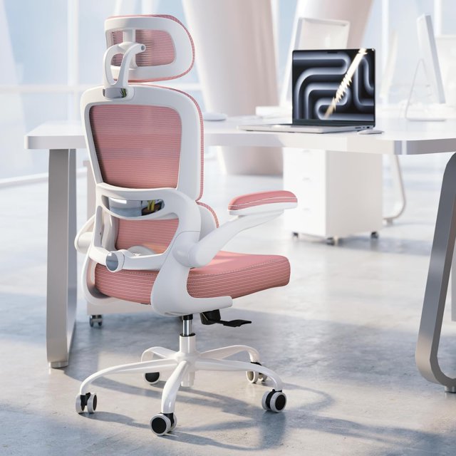 Ergonomic Office Chair - Desk Chair with Adjustable Headrest Lumbar Support Computer Chair - Mesh Comfy Chair with Flip-up Armrests - Gaming Chairs for Adults Home Office (Leather Grey)