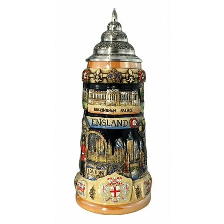 

German Beer Stein England Panorama Stein 0.75 liter tankard beer mug cobalt hand-painted with pewter lid